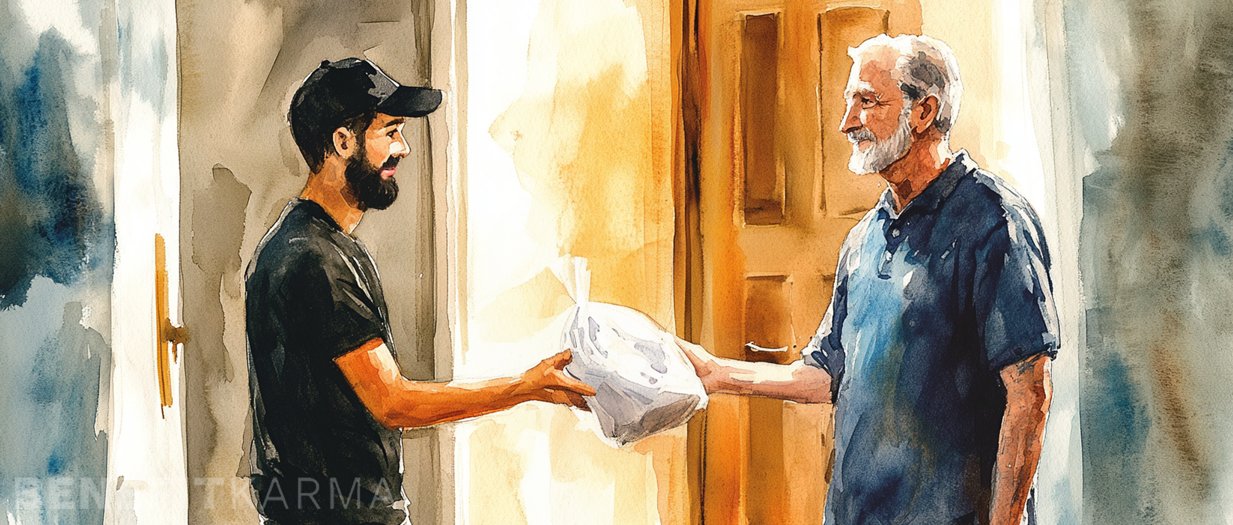 Meals on Wheels delivery person handing a meal to a smiling senior citizen