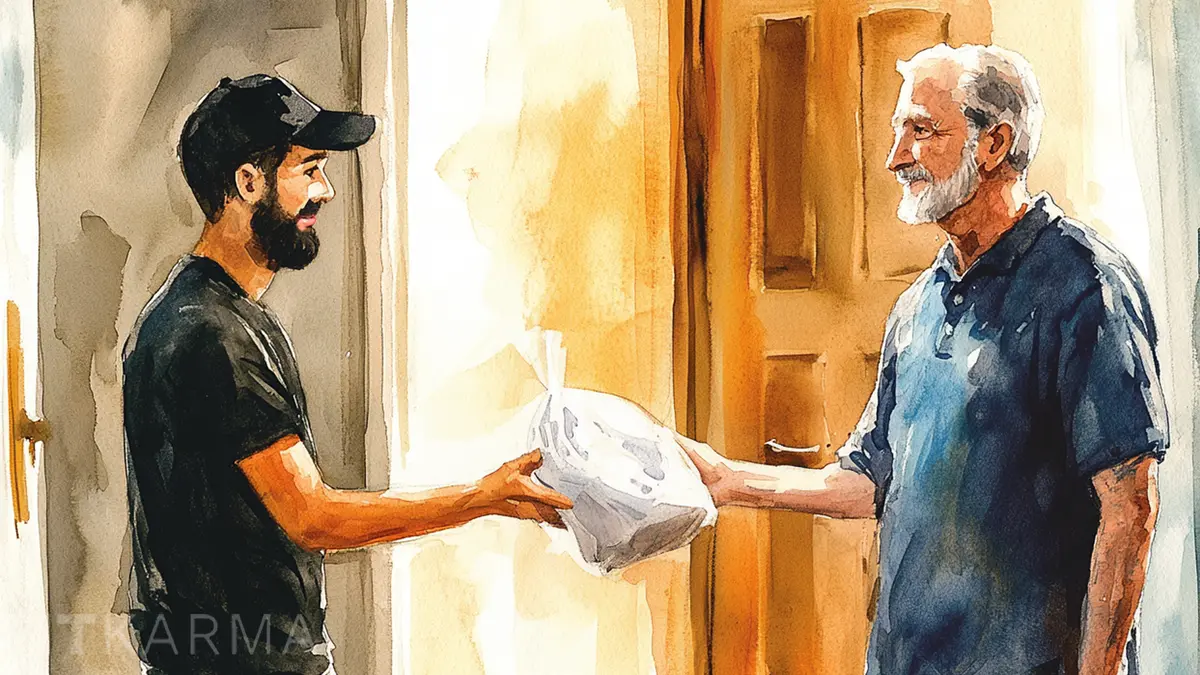 Meals on Wheels delivery person handing a meal to a smiling senior citizen