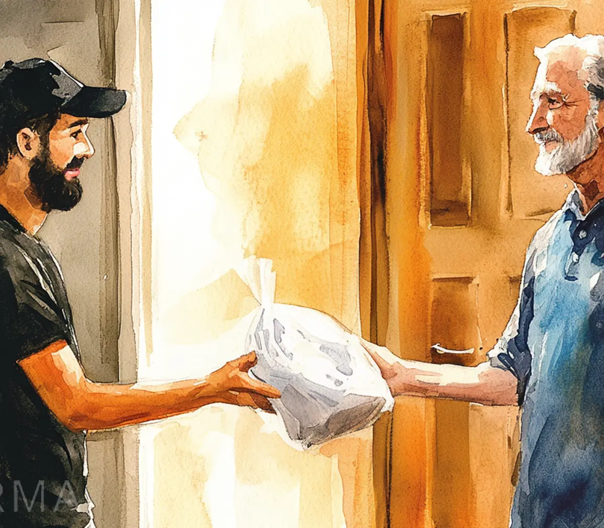 Meals on Wheels delivery person handing a meal to a smiling senior citizen
