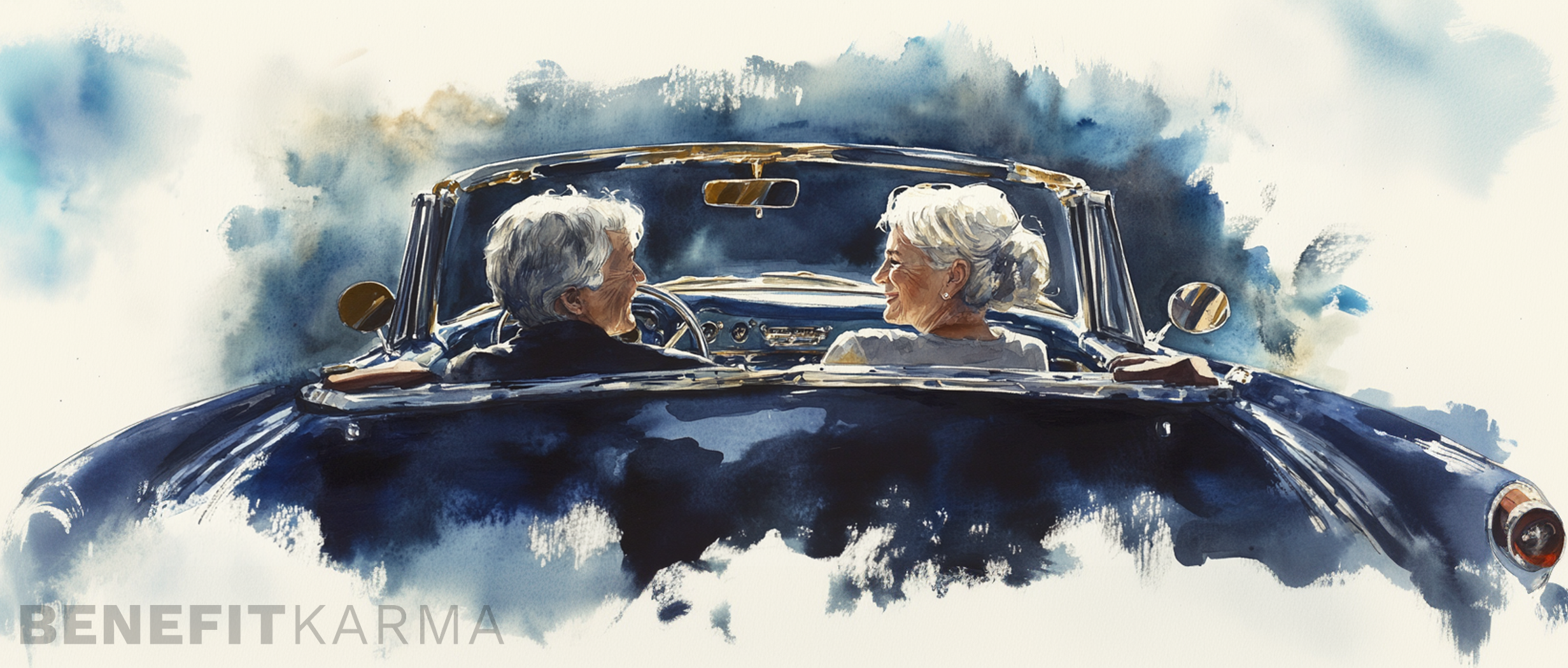 Retiree couple looking at their finances and smiling.