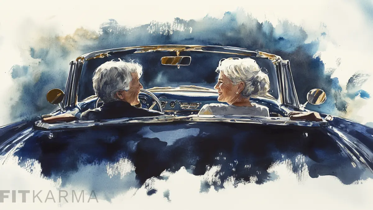Retiree couple looking at their finances and smiling.