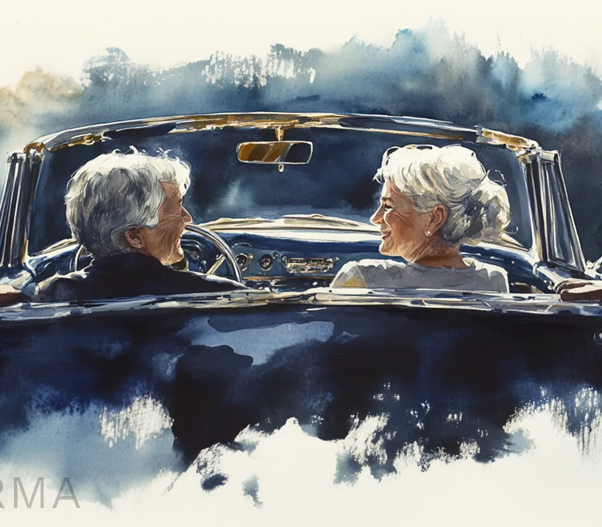 Retiree couple looking at their finances and smiling.