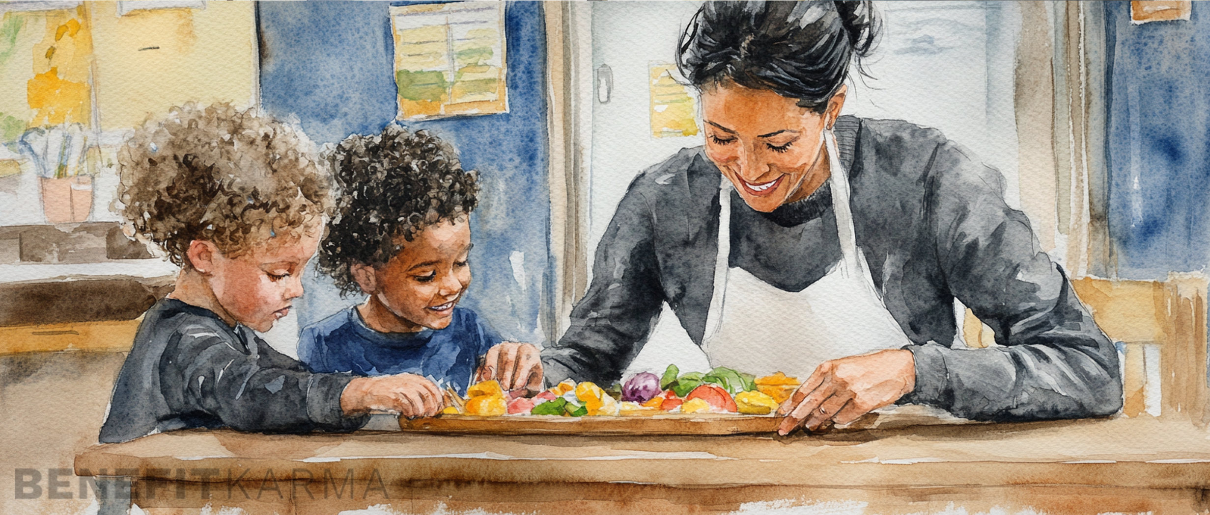 Child and adult smiling while eating healthy food for the CACFP program