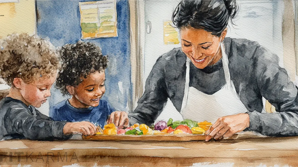 Child and adult smiling while eating healthy food for the CACFP program