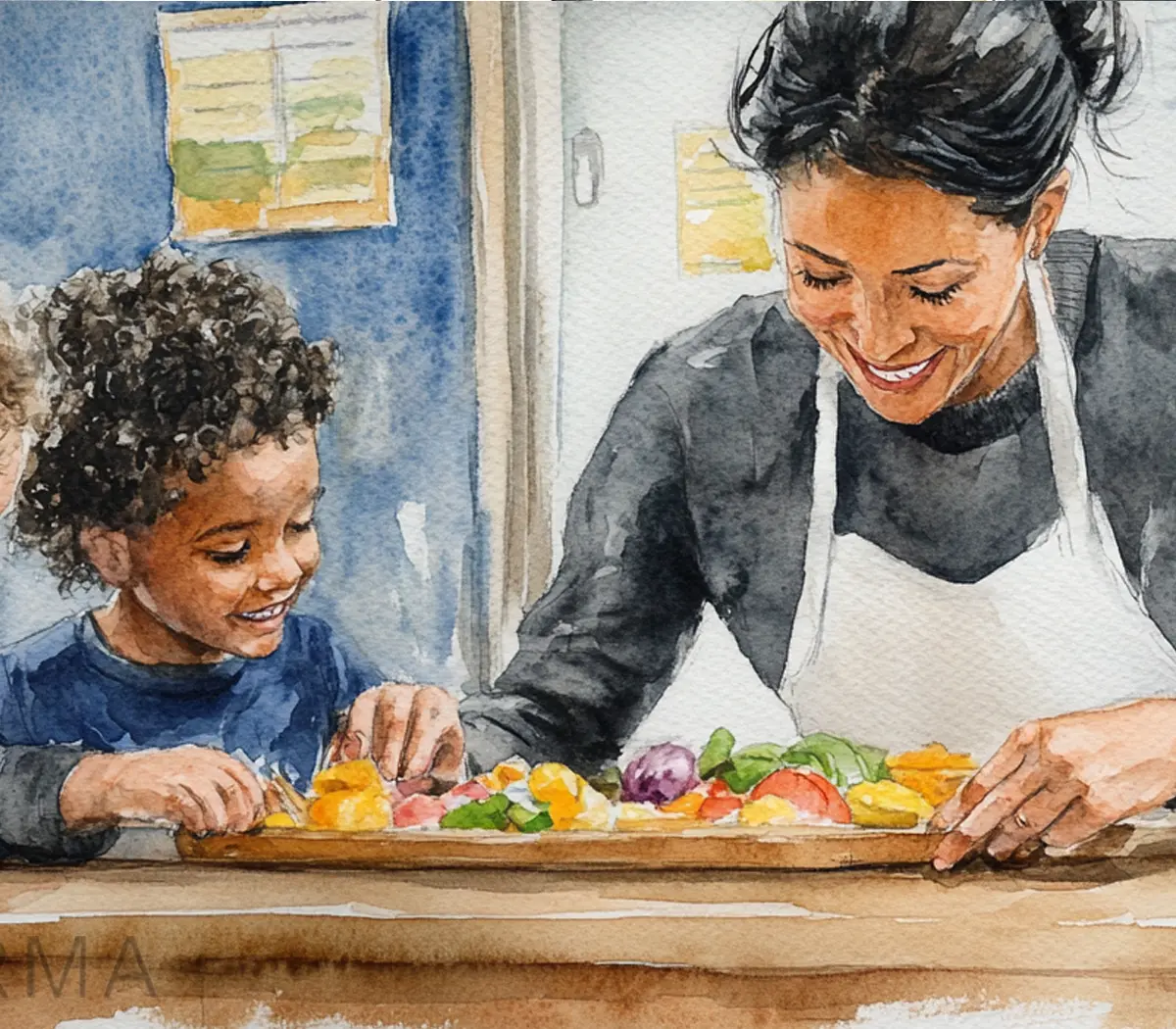 Child and adult smiling while eating healthy food for the CACFP program