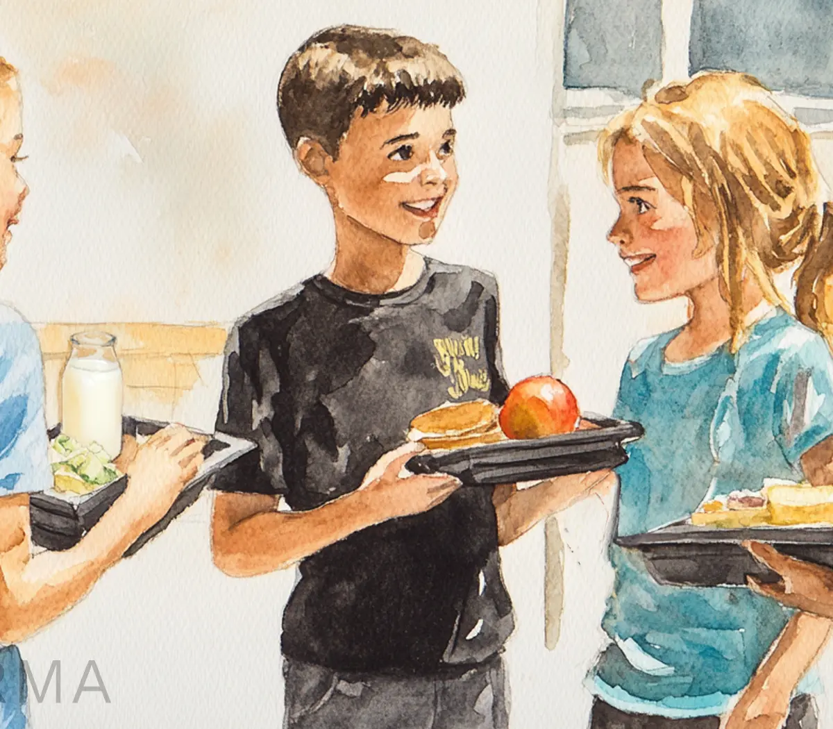 Children eating healthy lunches at school