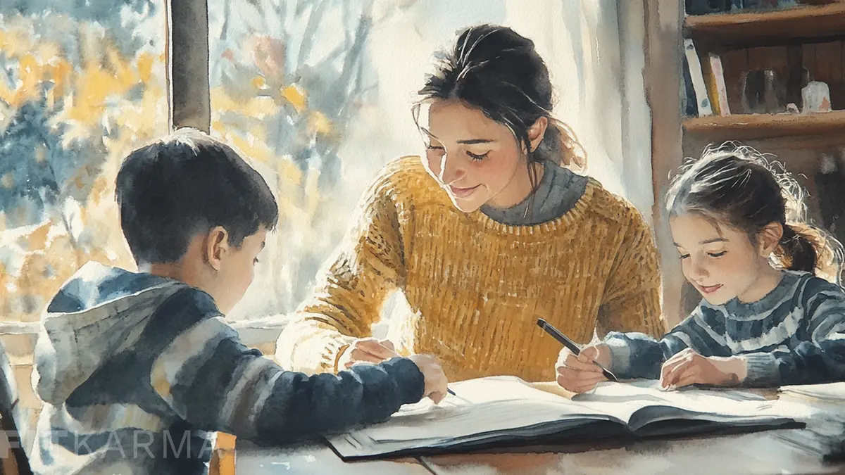 A group of happy children and adults engaged in various after-school activities, such as reading, playing, and crafting, in a brightly lit classroom.