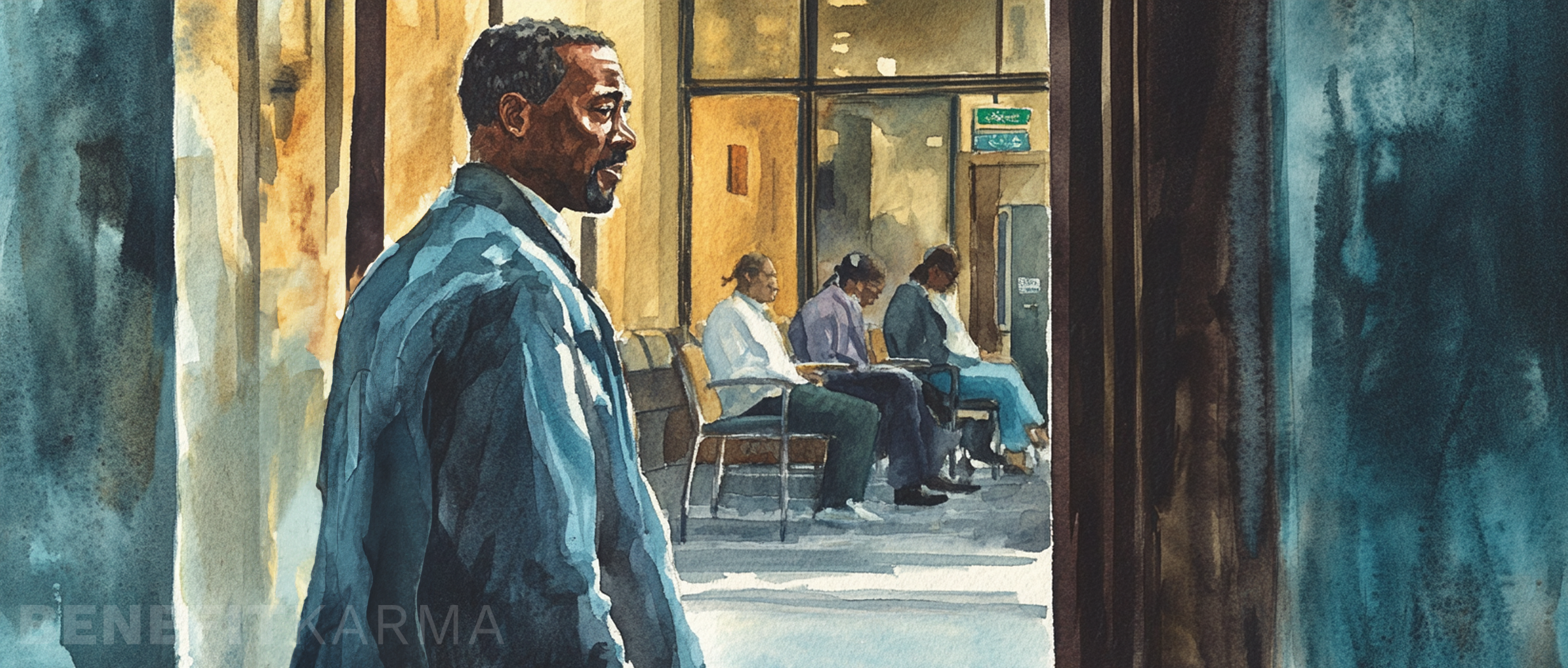 A man walks past a waiting room where several people are seated.