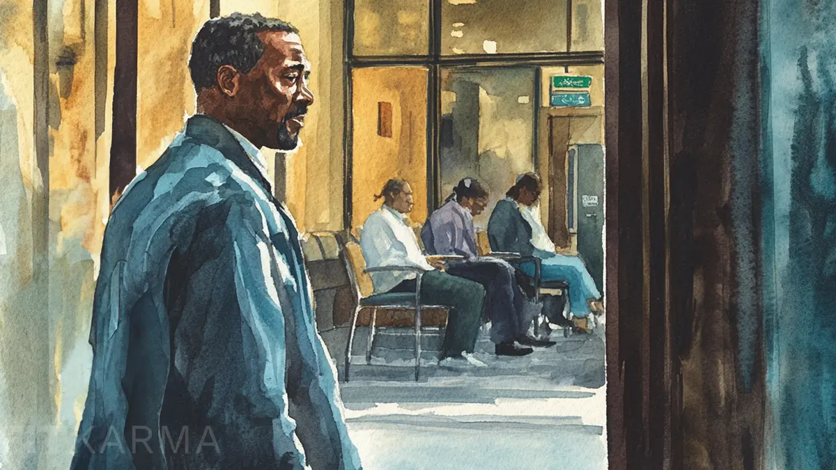 A man walks past a waiting room where several people are seated.