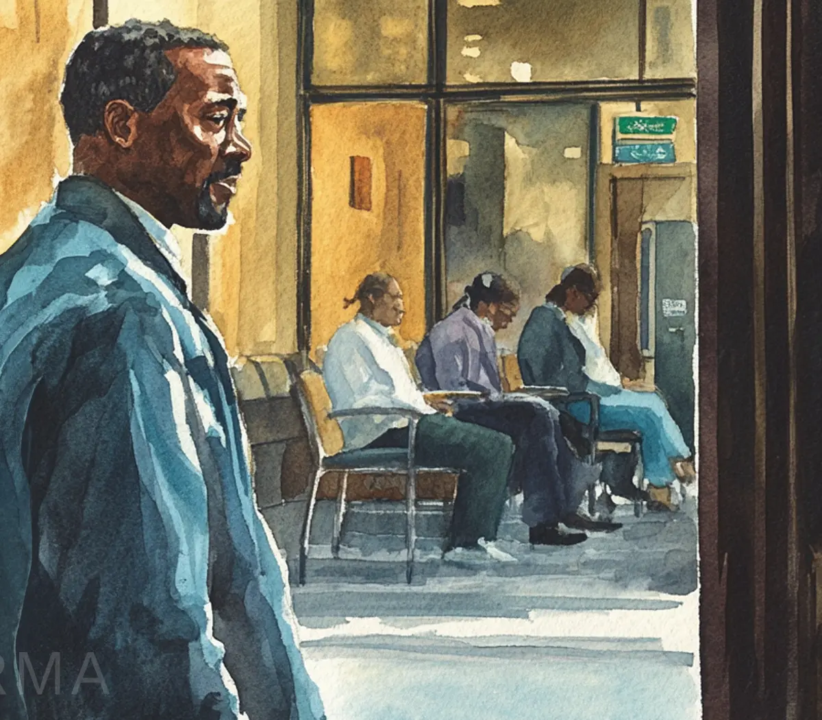A man walks past a waiting room where several people are seated.