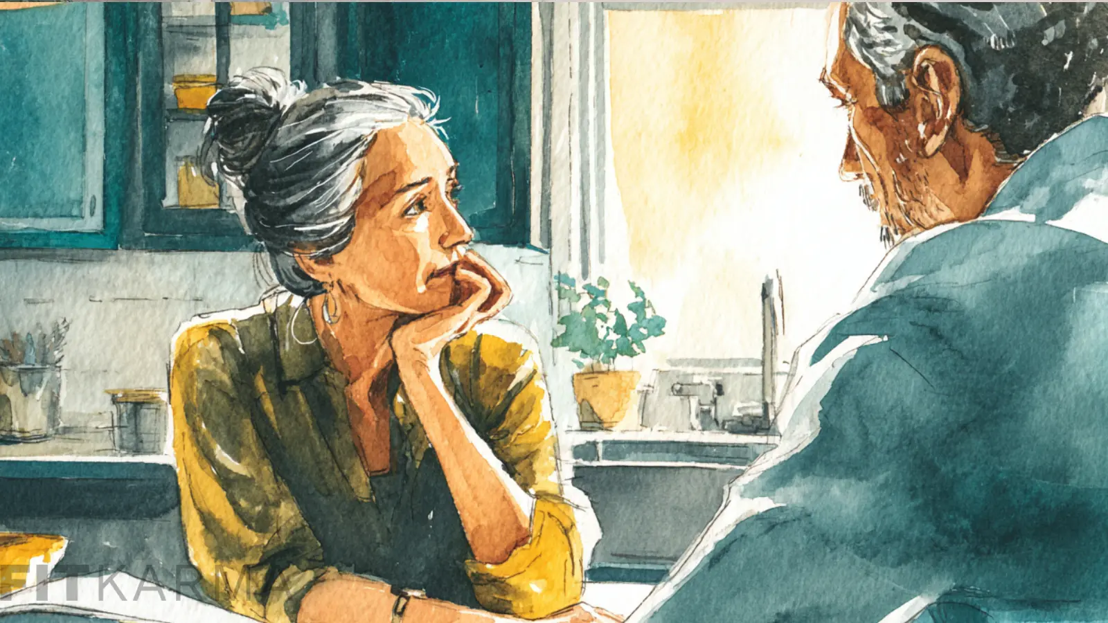 A senior woman smiling and talking with a caregiver in her home living room, indicating comfort and support.
