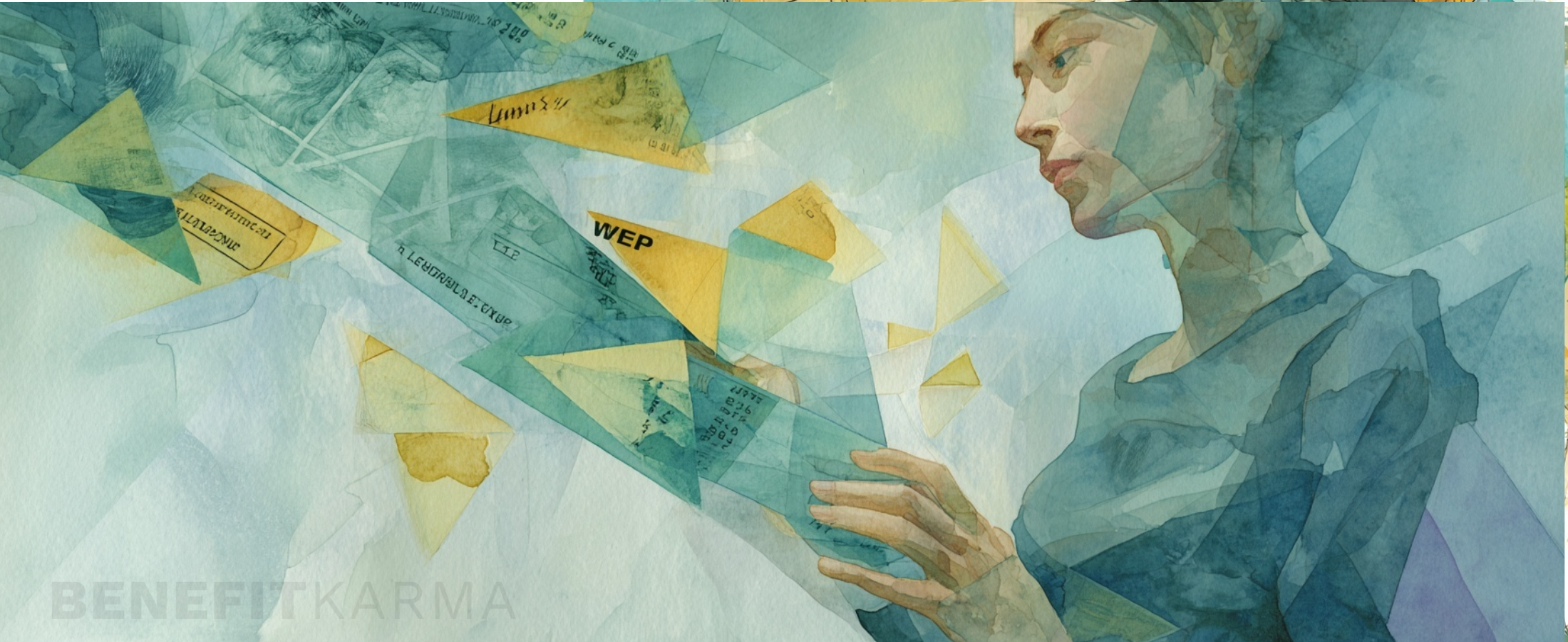 A woman's profile looks at floating financial documents with "WEP" visible.