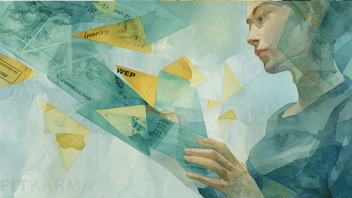 A woman's profile looks at floating financial documents with "WEP" visible.