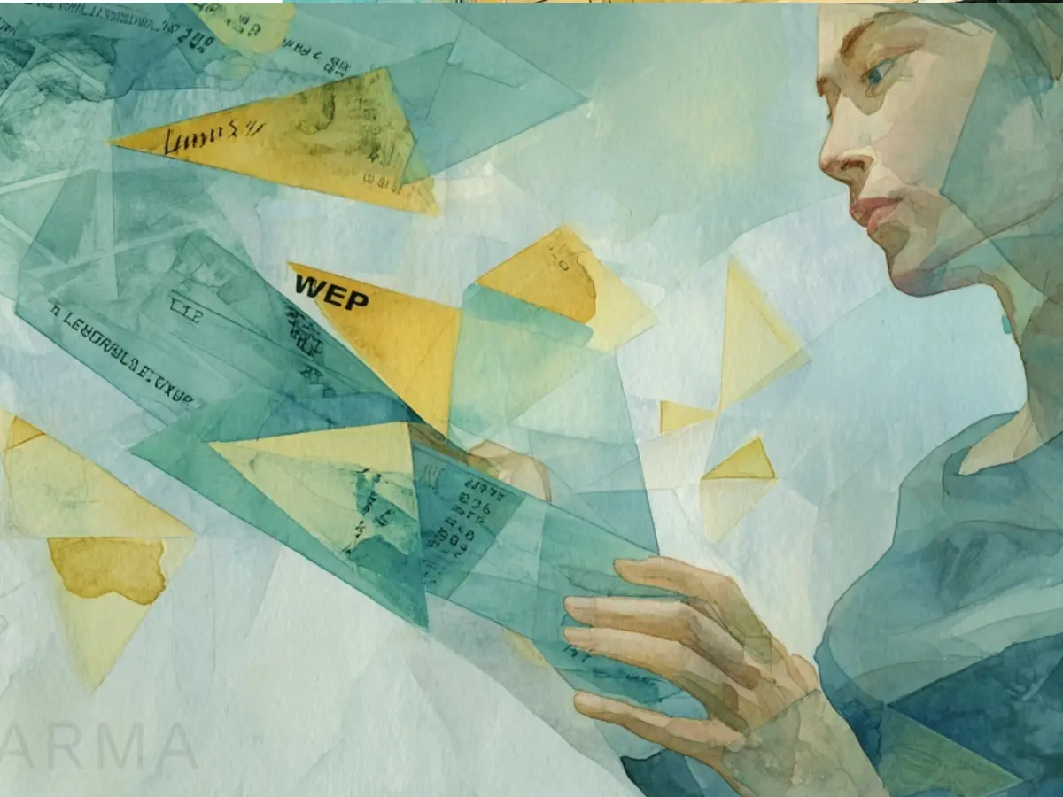 A woman's profile looks at floating financial documents with "WEP" visible.