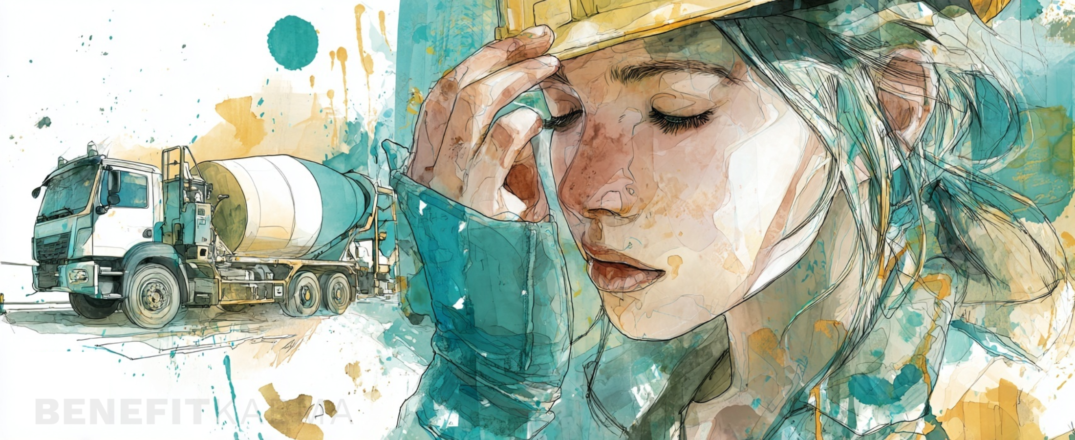 A watercolor illustration of a woman in a hard hat, with a cement mixer truck in the background.