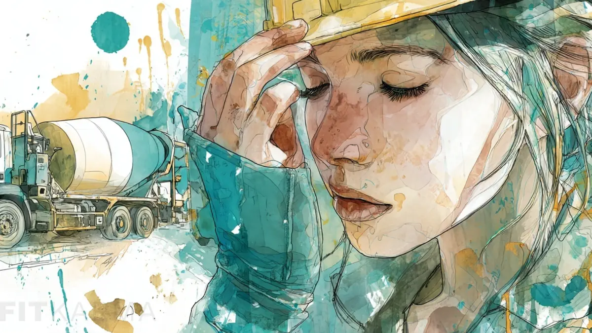 A watercolor illustration of a woman in a hard hat, with a cement mixer truck in the background.
