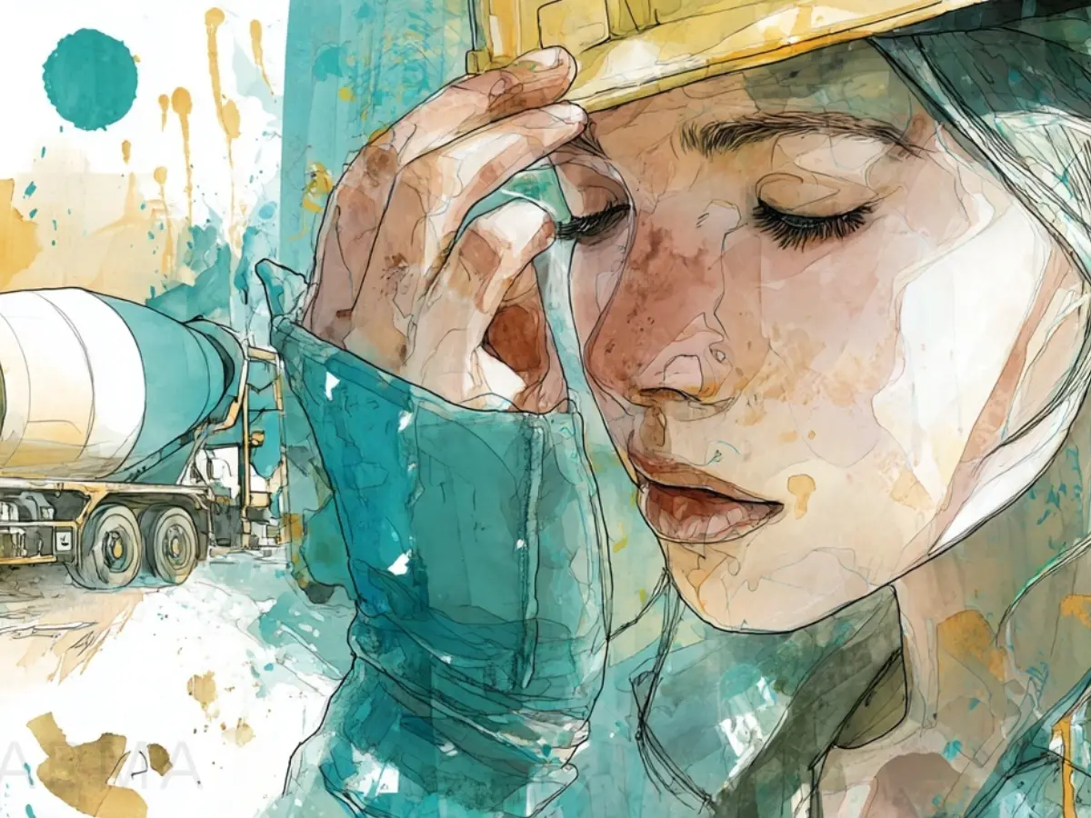 A watercolor illustration of a woman in a hard hat, with a cement mixer truck in the background.