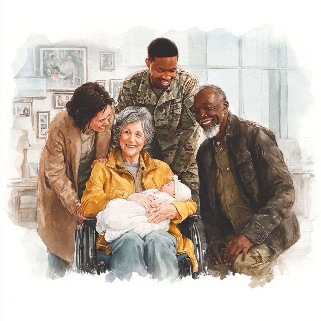 A multi-generational family smiles around a baby held by a woman in a wheelchair.