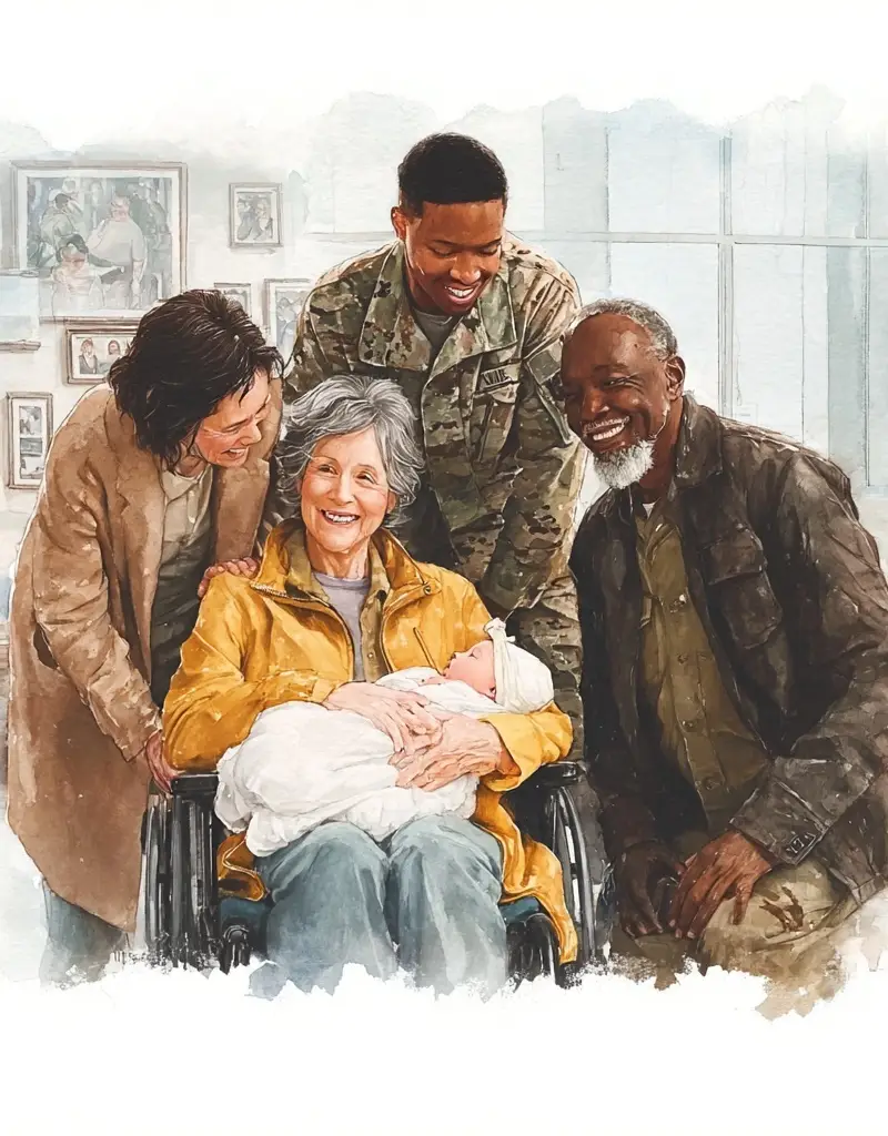 A multi-generational family smiles around a baby held by a woman in a wheelchair.